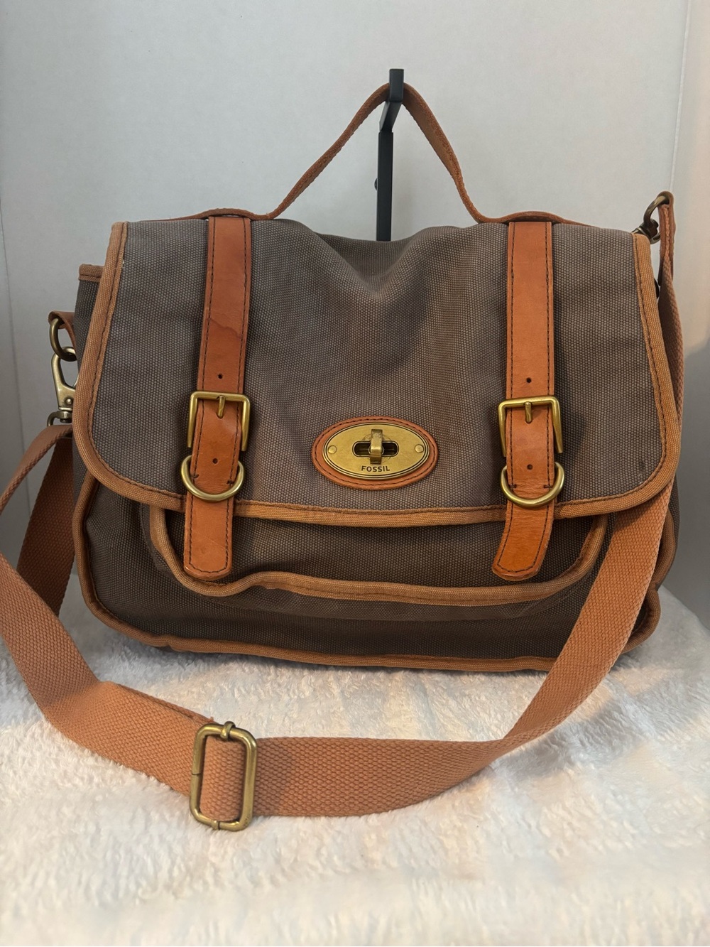 Fossil Brown Canvas Messenger Bag with Tan Leather Trim